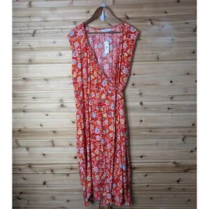 Loft Dress Womens 20 Red Floral Wrap Front Midi Spring Fall NWT